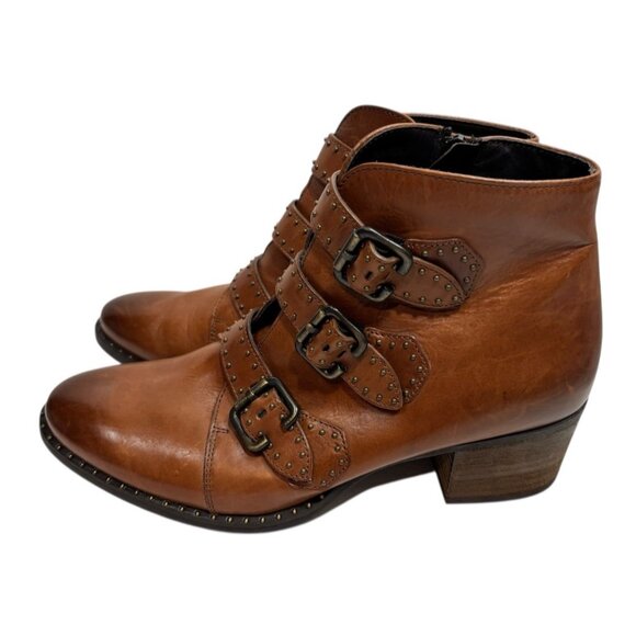 Paul Green Ankle Boots Womens US 7  Soho Studded Leather Moto Brown Boho Biker - Picture 3 of 7